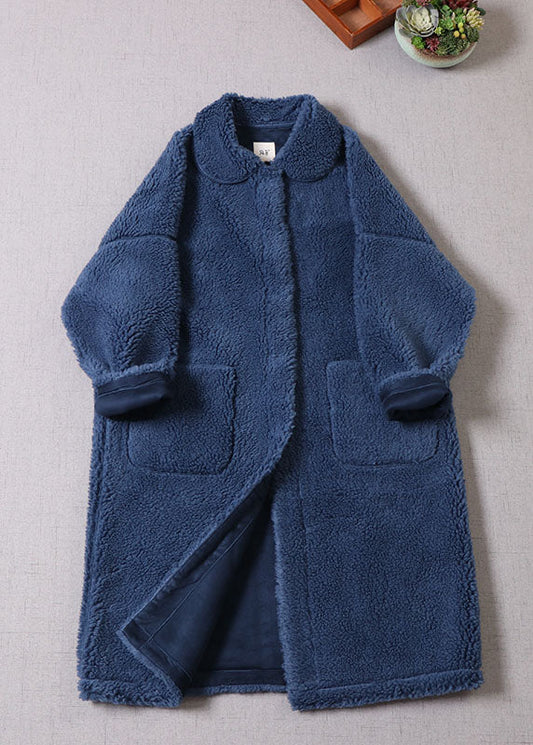 Unique Blue Peter Pan Collar Button Faux Fur Thick Winter Coat