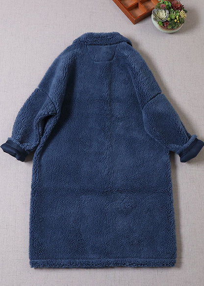 Unique Blue Peter Pan Collar Button Faux Fur Thick Winter Coat