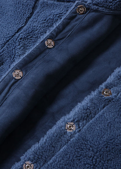 Unique Blue Peter Pan Collar Button Faux Fur Thick Winter Coat