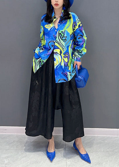 Unique Blue Peter Pan Collar Print Patchwork Cotton Shirts Summer