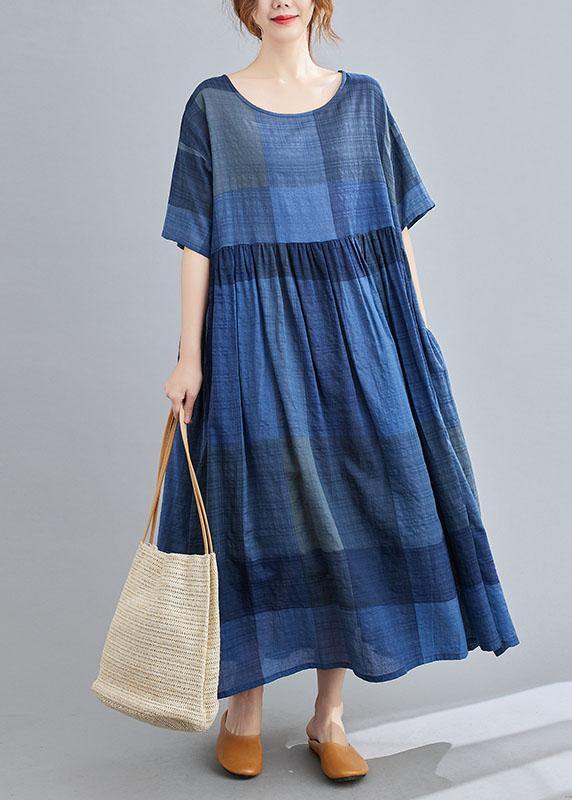 Unique Blue Plaid Pockets a Line Summer Maxi Dresses Half Sleeve
