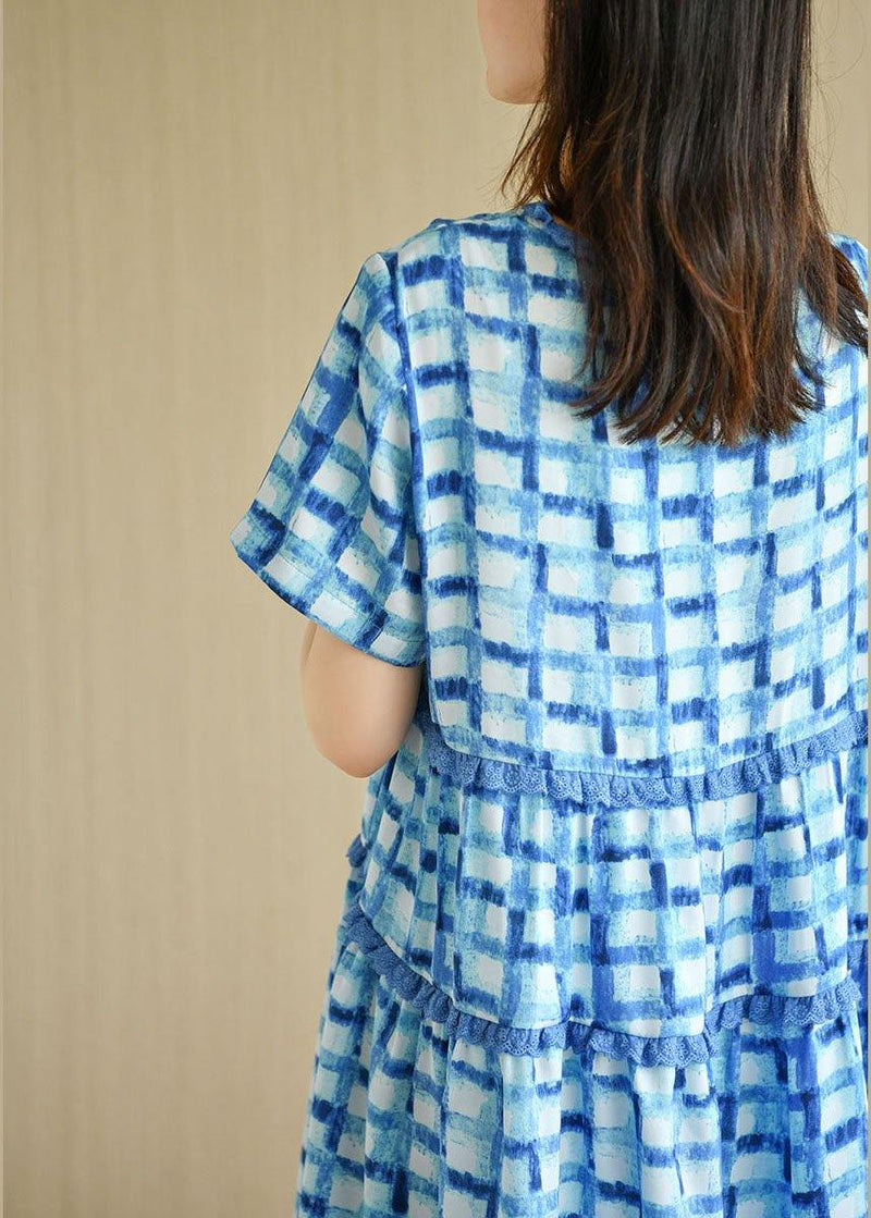 Unique Blue Plaid O-neck a Line Summer Chiffon Dress Short Sleeve
