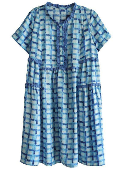 Unique Blue Plaid O-neck a Line Summer Chiffon Dress Short Sleeve
