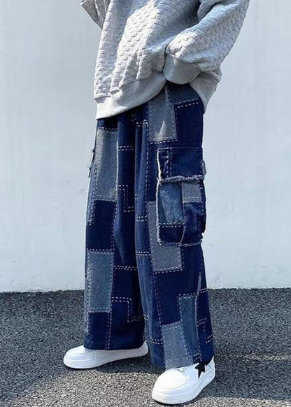 Unique Blue Plaid Pockets Patchwork Denim Wide Leg Pants Spring