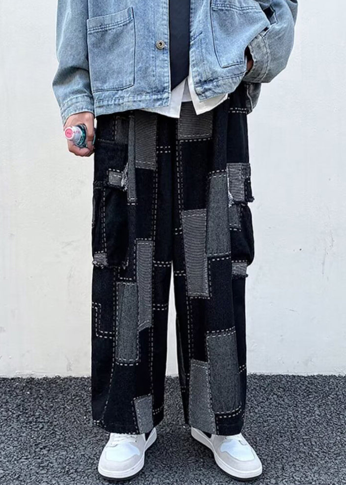 Unique Blue Plaid Pockets Patchwork Denim Wide Leg Pants Spring