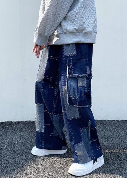 Unique Blue Plaid Pockets Patchwork Denim Wide Leg Pants Spring