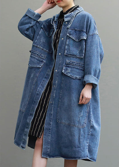 Unique Blue Pockets Button Loose Fall Denim Long Sleeve Coats Trench Coats