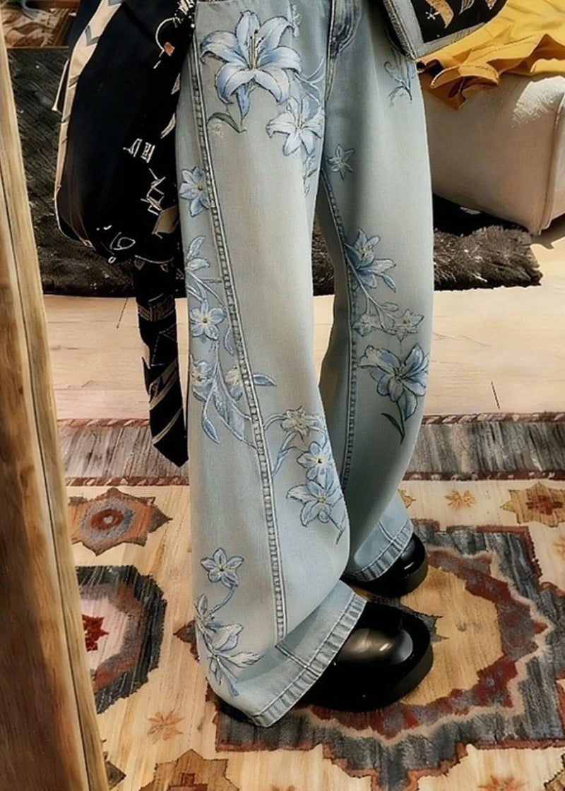 Unique Blue Pockets Print High Waist Denim Pants Spring