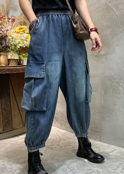 Unique Blue Pockets Denim Lantern Pants Spring