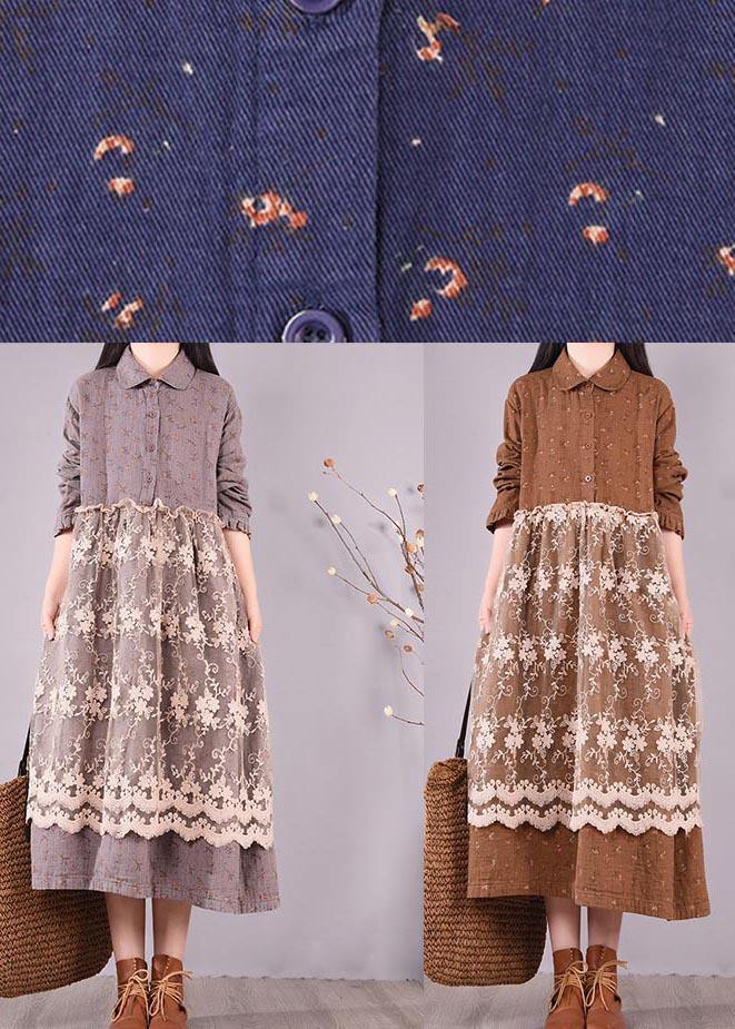 Unique Blue Print Dresses Patchwork Lace Kaftan Spring Dress