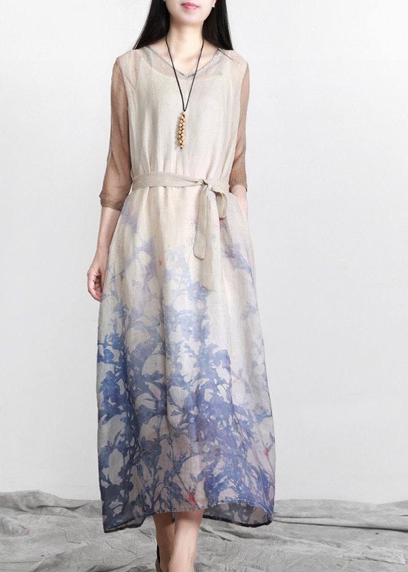Unique Blue Print Half Sleeve Patchwork Vacation Linen Dresses
