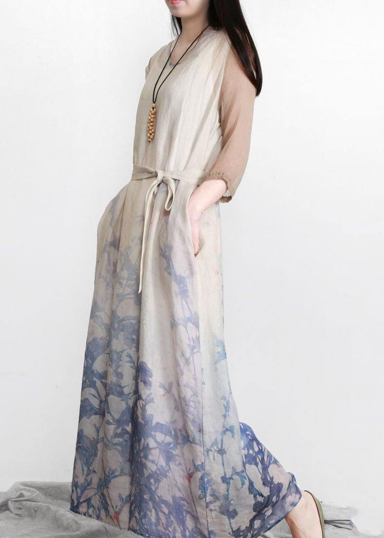 Unique Blue Print Half Sleeve Patchwork Vacation Linen Dresses