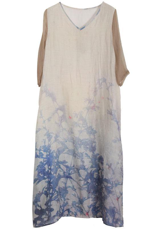 Unique Blue Print Half Sleeve Patchwork Vacation Linen Dresses
