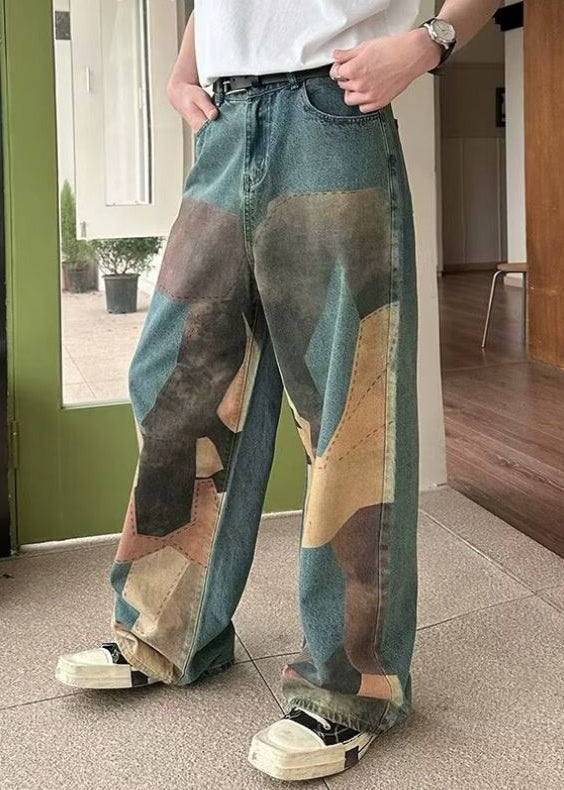 Unique Blue Print Pockets High Waist Denim Wide Leg Pants Summer