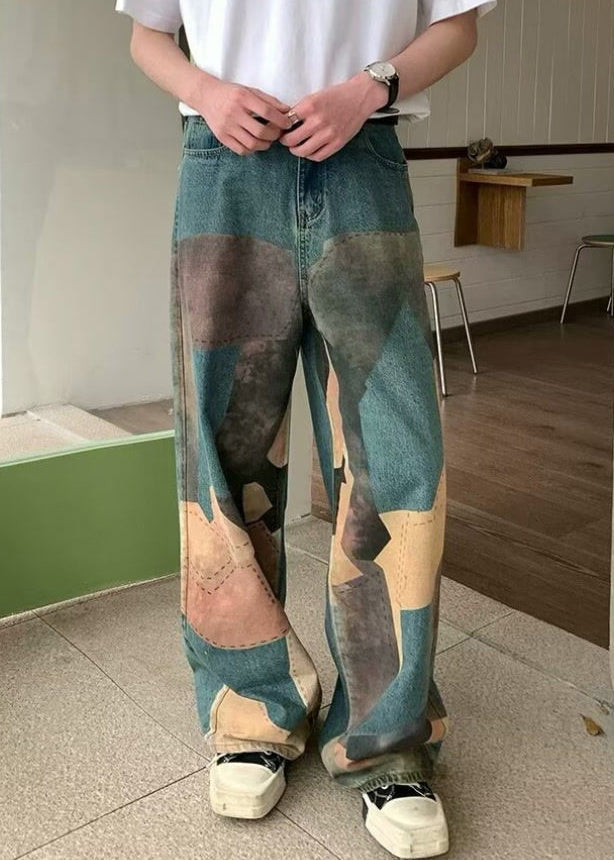 Unique Blue Print Pockets High Waist Denim Wide Leg Pants Summer