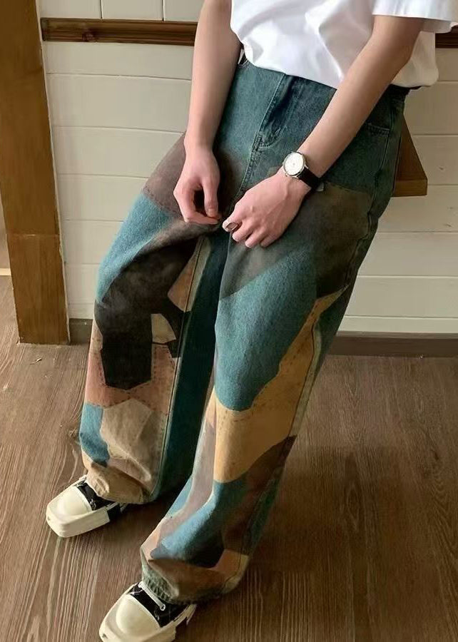 Unique Blue Print Pockets High Waist Denim Wide Leg Pants Summer