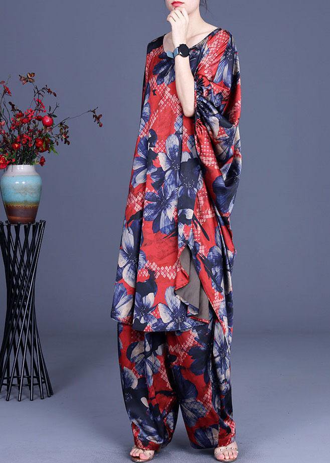 Unique Blue Print Low High Design Silk Wide Leg Two Pieces Set