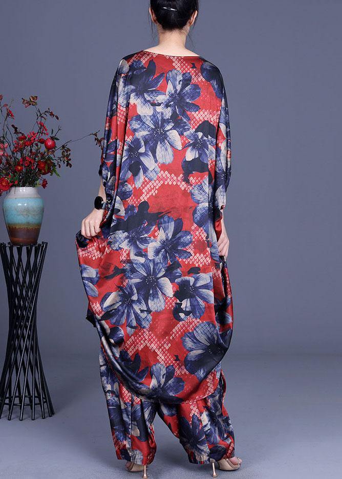 Unique Blue Print Low High Design Silk Wide Leg Two Pieces Set