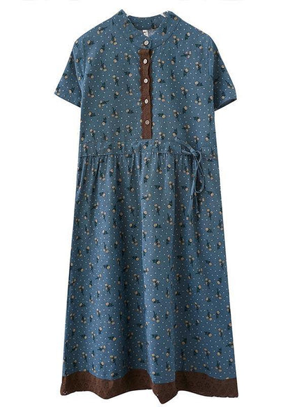 Unique Blue Print Tie Waist Long Summer Cotton Dress