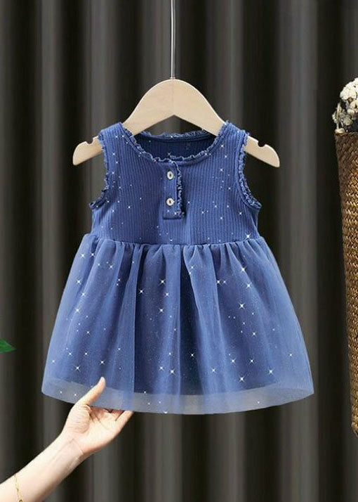Unique Blue Ruffled Button Patchwork Tulle Kids Dresses Sleeveless