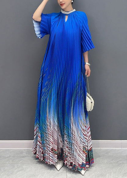 Unique Blue Stand Collar Print Wrinkled Long Dress Summer