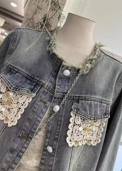 Unique Blue Tassel Lace Patchwork Denim Jacket Fall