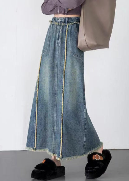 Unique Blue Tasseled Pockets Patchwork Denim Skirts Spring