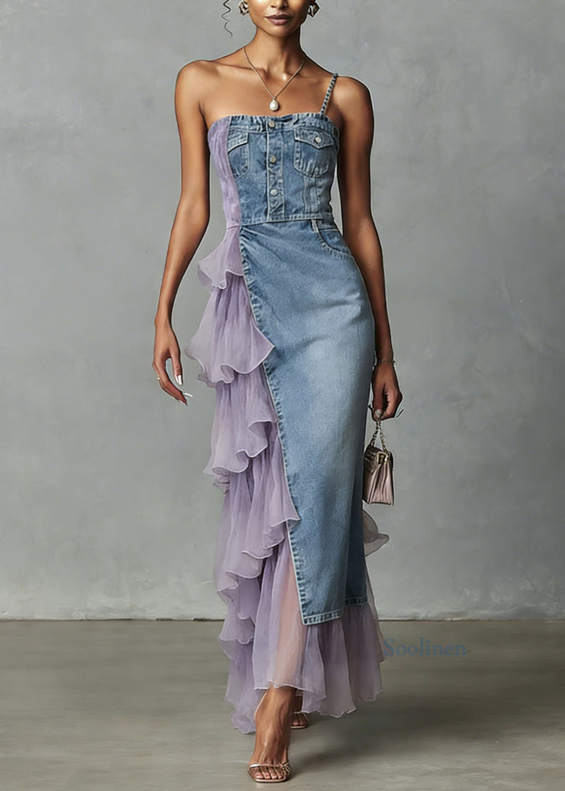 Unique Blue Tulle Ruffled Patchwork Denim Spaghetti Strap Dress Summer