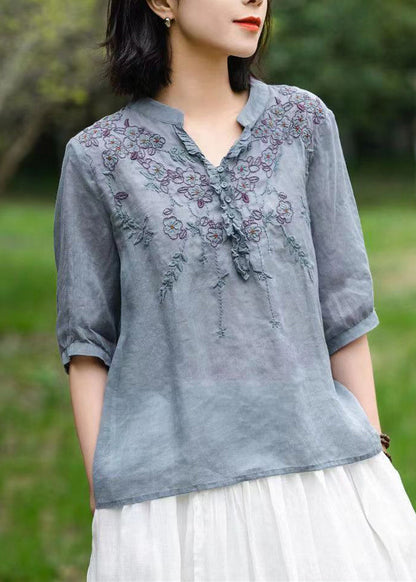 Unique Gray Texture V Neck Embroidered Linen T Shirts Half Sleeve
