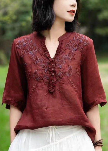 Unique Green Cashew V Neck Embroidered Linen T Shirts Half Sleeve