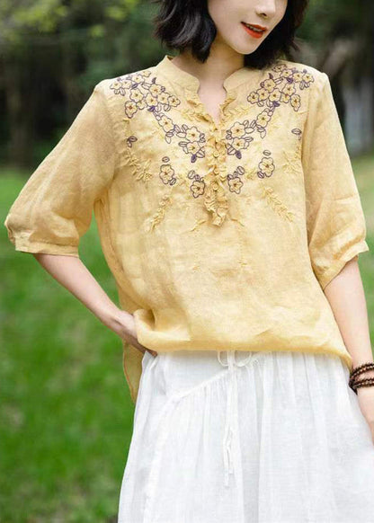 Unique Gray Texture V Neck Embroidered Linen T Shirts Half Sleeve