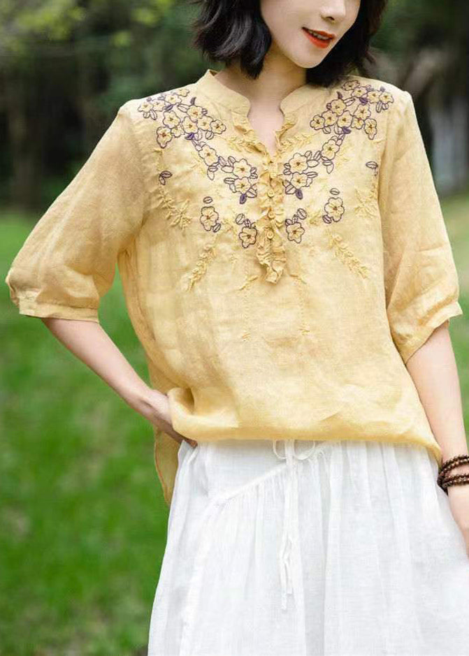 Unique Green Cashew V Neck Embroidered Linen T Shirts Half Sleeve