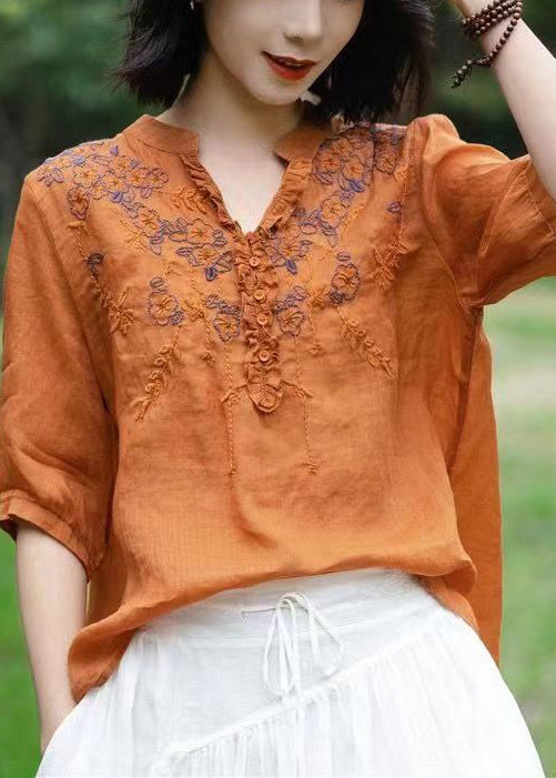 Unique Brown V Neck Embroidered Linen T Shirts Half Sleeve