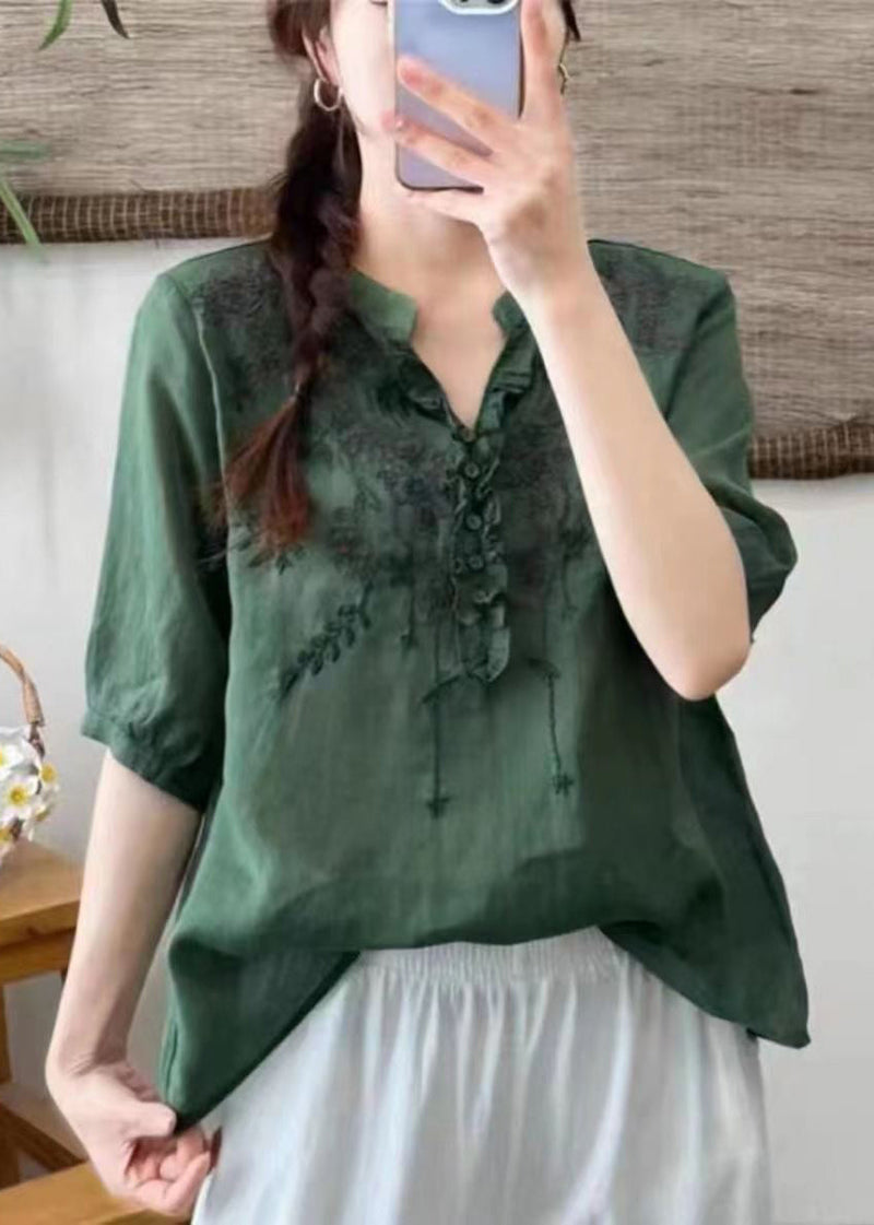 Unique Blue Geometry V Neck Embroidered Linen T Shirts Half Sleeve