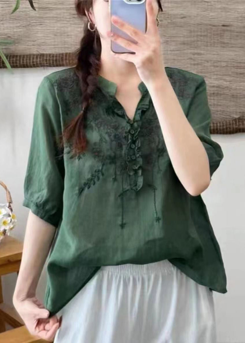 Unique Gray Texture V Neck Embroidered Linen T Shirts Half Sleeve