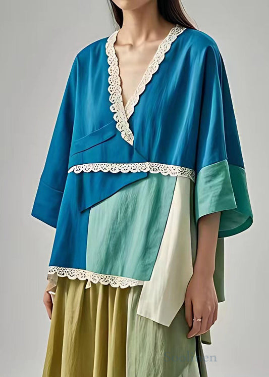 Unique Blue V Neck Patchwork Cotton Blouses Half Sleeve