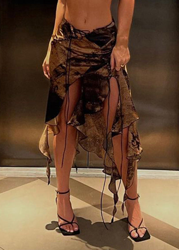 Unique Brown Asymmetrical Tie Dye Laceup Patchwork Cotton Skirt Summer
