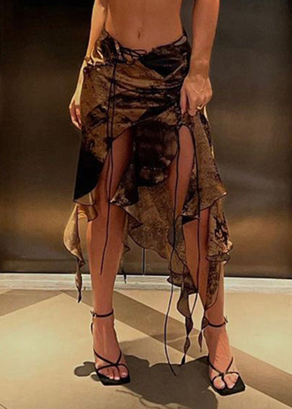 Unique Brown Asymmetrical Tie Dye Laceup Patchwork Cotton Skirt Summer