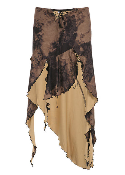 Unique Brown Asymmetrical Tie Dye Laceup Patchwork Cotton Skirt Summer