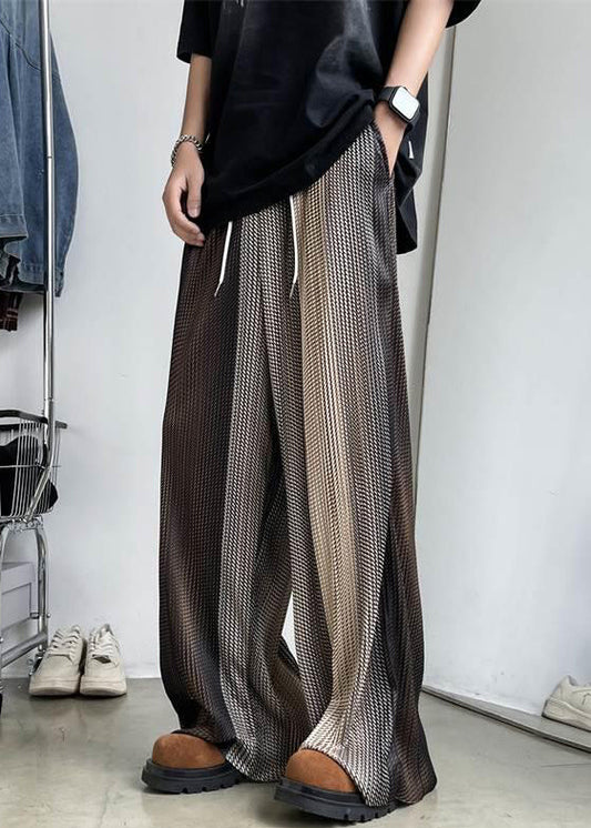 Unique Brown Elastic Waist Patchwork Ice Silk Wide Leg Pants Summer