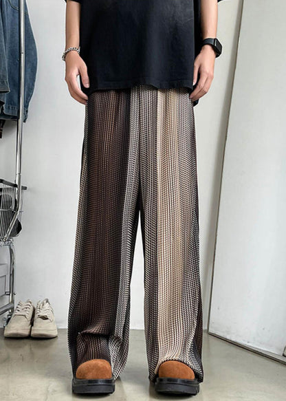 Unique Brown Elastic Waist Patchwork Ice Silk Wide Leg Pants Summer