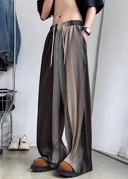 Unique Brown Elastic Waist Patchwork Ice Silk Wide Leg Pants Summer