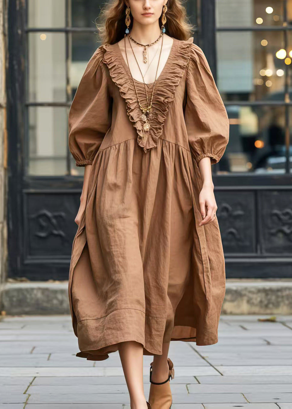 Unique Brown Ruffled Patchwork Cotton Long Dresses Bracelet Sleeve