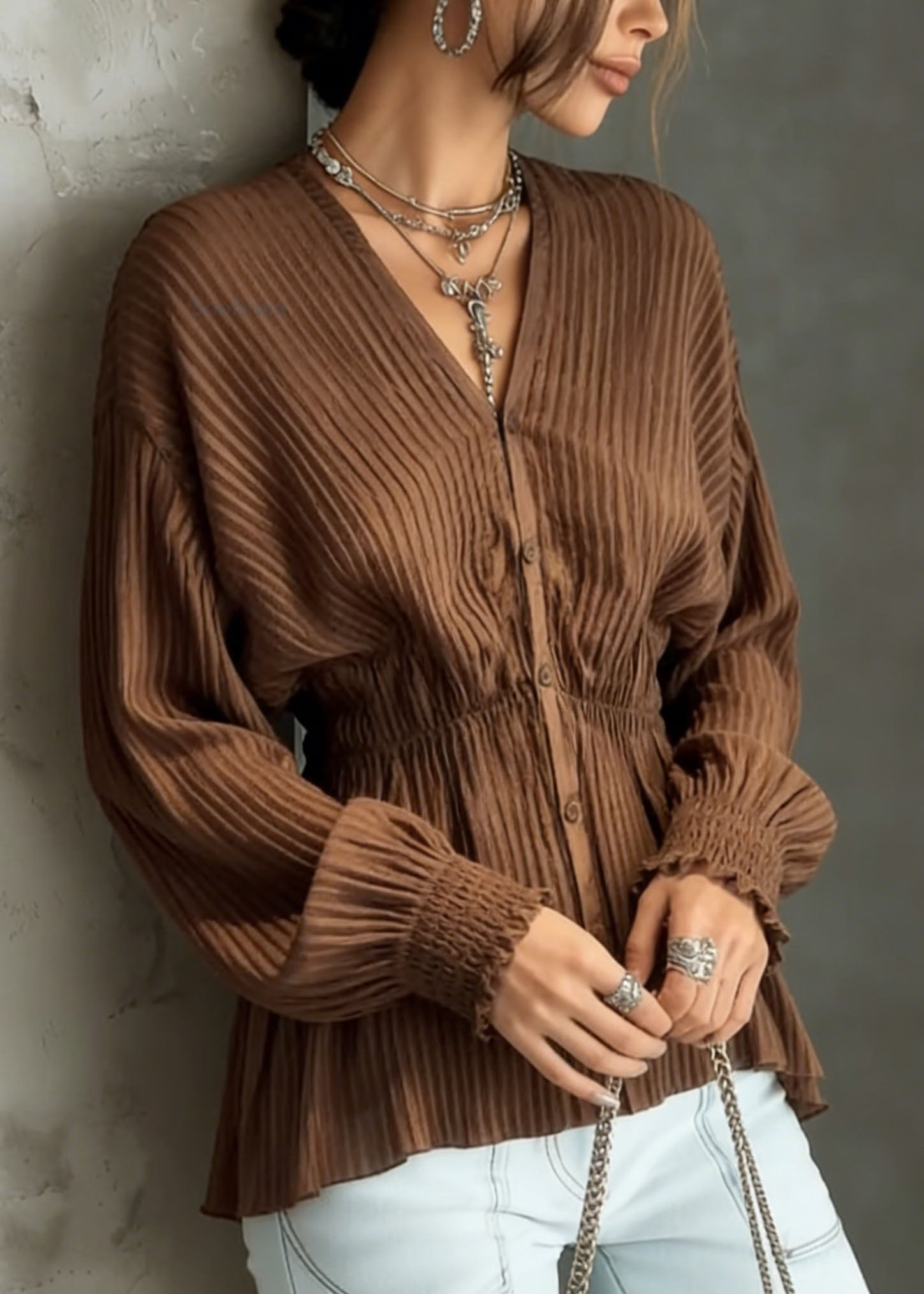 Unique Brown V Neck Button Wrinkled Cotton Shirt Spring