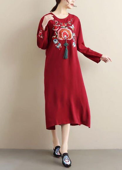 Unique Burgundy Embroidery Tunic Pattern O Neck Tassel Spring Dress