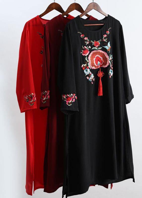 Unique Burgundy Embroidery Tunic Pattern O Neck Tassel Spring Dress