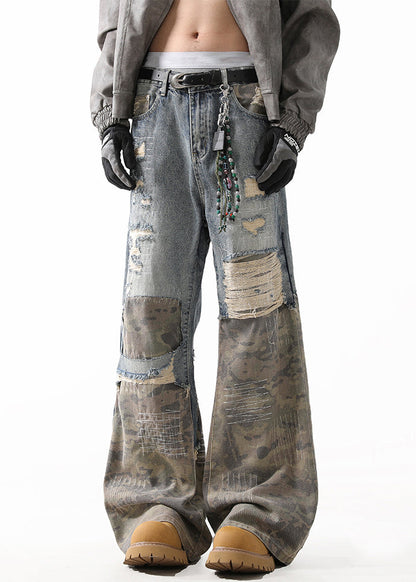 Unique Camouflage Hole High Waist Patchwork Denim Straight Pants Fall