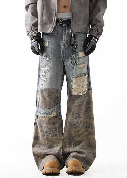 Unique Camouflage Hole High Waist Patchwork Denim Straight Pants Fall