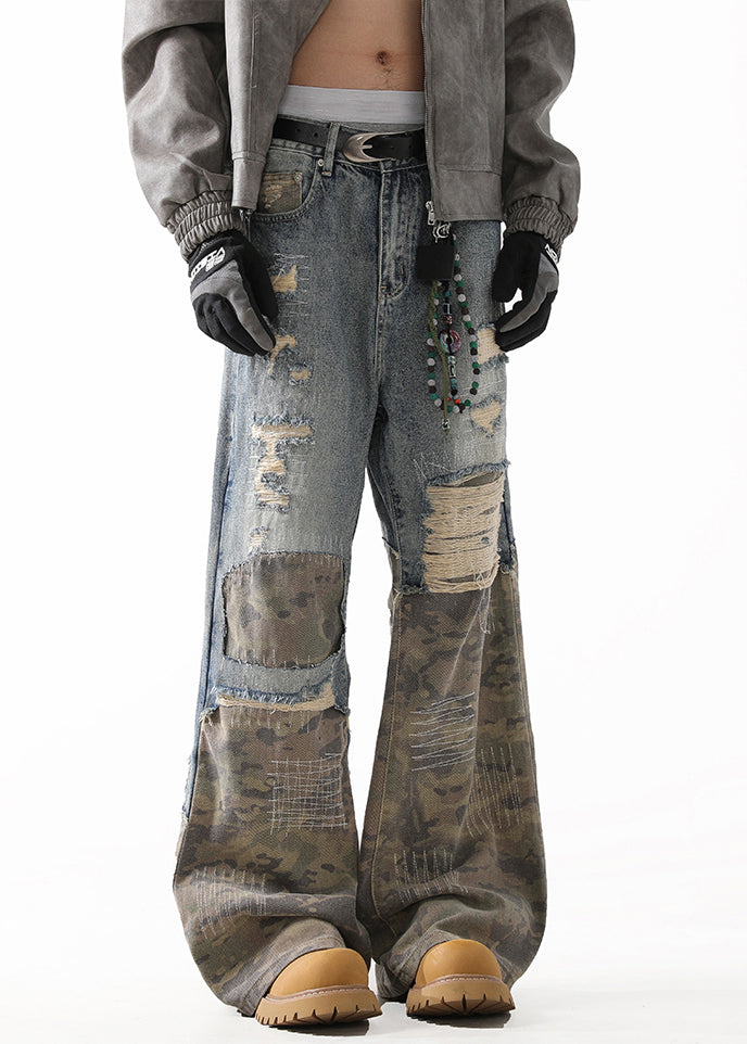 Unique Camouflage Hole High Waist Patchwork Denim Straight Pants Fall