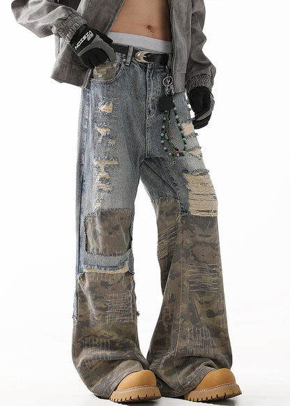 Unique Camouflage Hole High Waist Patchwork Denim Straight Pants Fall
